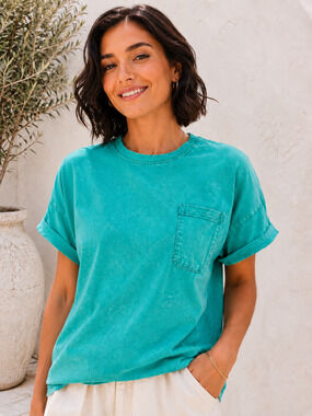 Zenana Turquoise Mineral Wash Oversized Cotton Pocket T-Shirt 2X